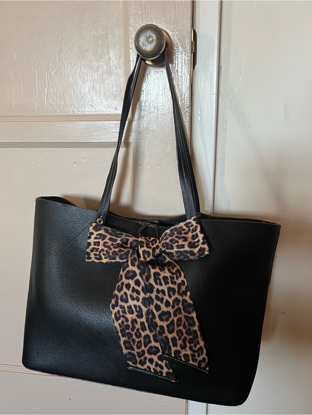 Betsey Johnson Black Tote Bag with Leopard Bow Accent